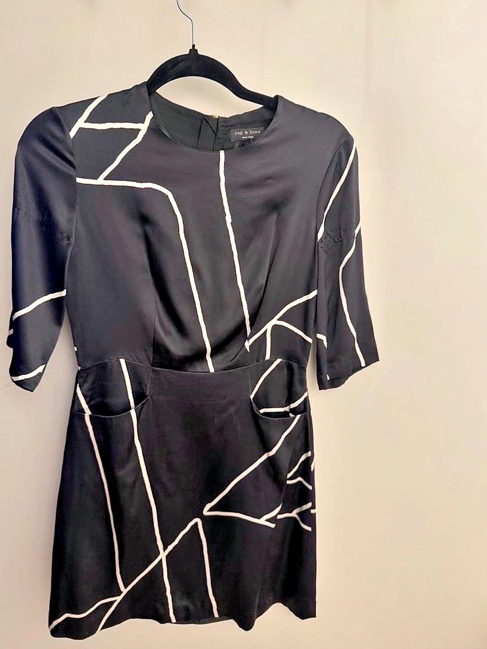 Rag & Bone New York black mini dress with an abstract ivory line print
